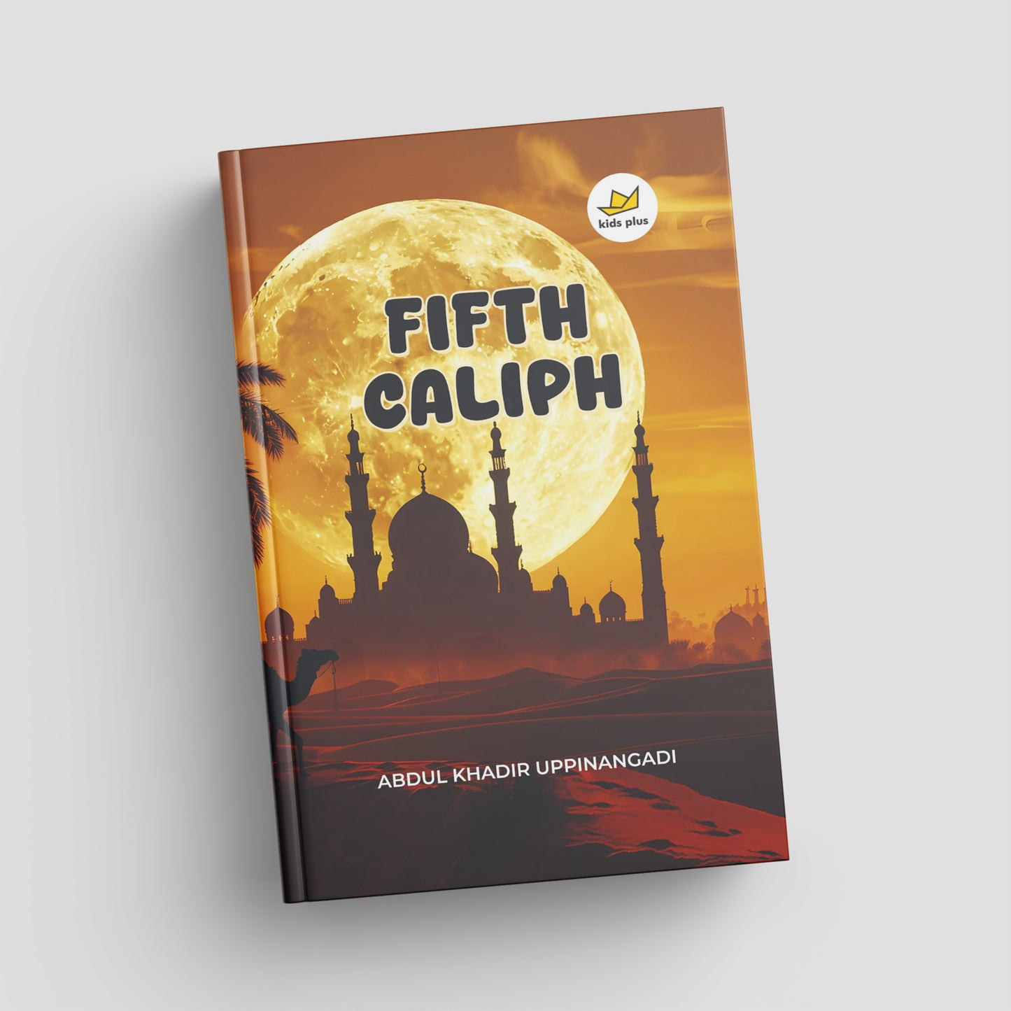 Book cover of 'Fifth Caliph' with a mosque silhouette and moon on a yellow background